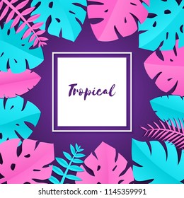 Composition with creative pink blue jungle leaves on violet background in paper cut style. Tropical leaf white square frame, template for design poster, banner, flyer T-shirt printing, Vector