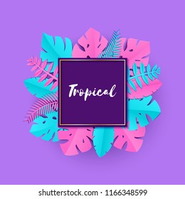 Composition with creative pink blue jungle leaves on purple background in paper cut style. Tropical leaf violet square frame, template for design poster, banner, flyer T-shirt printing, Vector.