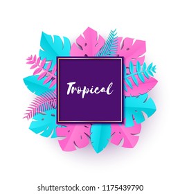Composition with creative pink blue jungle leaves on white background in paper cut style. Tropical leaf violet square frame, template for design poster, banner, flyer T-shirt printing, Vector.