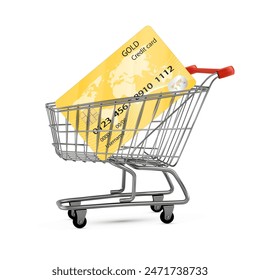 Composition of credit card and shopping cart on white background. Vector illustration