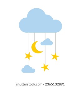 composition with crescent moon, clouds and stars isolated on white, flat vector illustration, symbol of night time in cartoon style