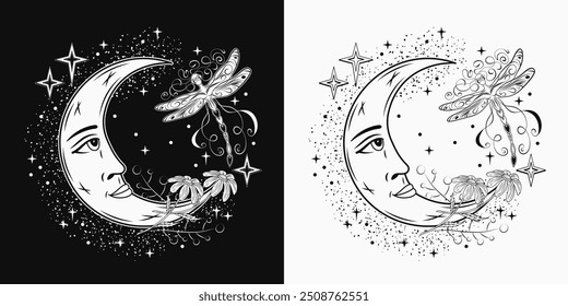 Composition with crescent moon with face, fantasy pixie dragonfly, stars. Mythological fairy tale, mystical concept. For clothing, apparel, T-shirts, kids design