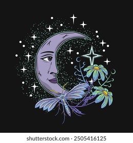 Composition with crescent moon with face, night butterfly, moth, flowers, scattered stars. Mythological fairytale, mystical concept. For clothing, apparel, T-shirts, kids design