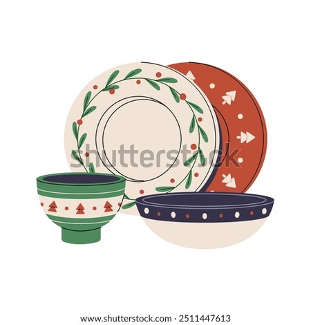 Composition of crockery with Christmas pattern. Ceramic plates, bowls with traditional Xmas ornament. Cute pottery dishes for winter holiday. Flat isolated vector illustration on white background