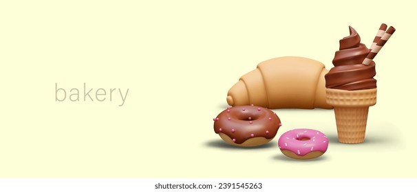 Composition with croissant, donut with chocolate and pink fruit cream and ice cream with milk chocolate straws. Vector illustration in realistic 3D style