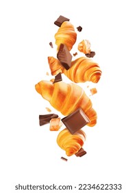 Zusammensetzung der Croissants mit Schokoladenstücken. Vektorgrafik.