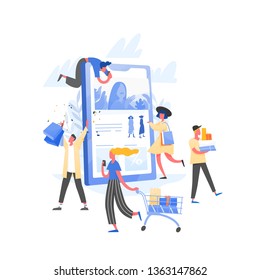 Composition with crowd of crazy customers or shopaholics carrying shopping carts with purchases, bags and boxes and giant tablet PC. Online store or internet shop sale. Flat vector illustration.