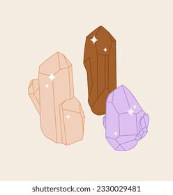Composición de minerales de cristal. Diseño plano minimalista, estilo retro. Dibujo geométrico de piedra de gema.