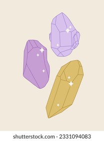 Zusammensetzung der Kristallmineralien. Minimalistisches flaches Design, Retro-Stil. Geometrisches Edelsteinzeichnung.