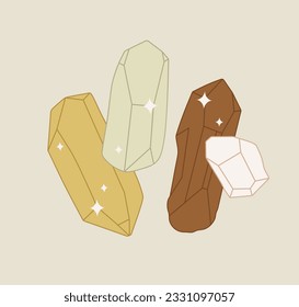 Composition of crystal minerals. Minimalistic flat design, retro style. Geometric gemstone drawing.