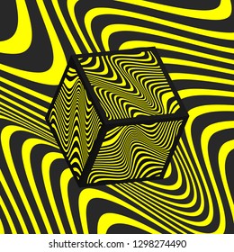 Composition with cube, modern geometric 3D abstract poster, print on wall with textured cube, geometric shape with optical illusion, op illusion. Vector illustration