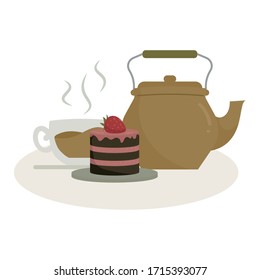 Composition of a cup with tea or coffee, a kettle and cake. Still life on a bloom background. Hand-drawn vector illustration.