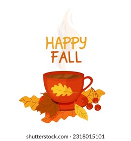 Composition of a cup with tea and leaves, warm cozy autumn. A mug of hot delicious tea in the autumn in a cartoon style, isolated on a white background.