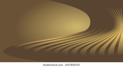 The composition of curved lines and abstract planes with gold gradient colors arranged repeatedly gives the impression of an optical illusion, luxurious and expensive
