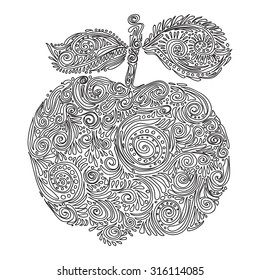 Composition with cute abstract apple ornamented with curls. Hand-drawn apple. Vector