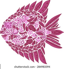 Composition with cute abstract fish ornamented with colorful flowers and leaves. Hand-drawn floral fish. Vector