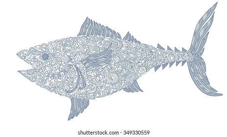 Composition with cute abstract fish ornamented with flowers and leaves. Hand-drawn floral fish. Vector