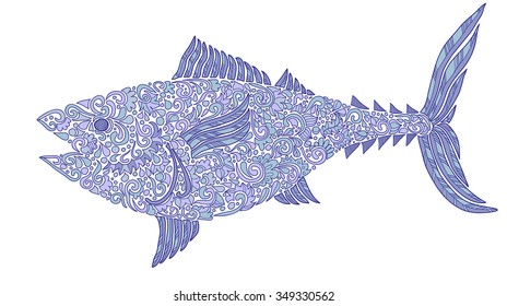 Composition with cute abstract fish ornamented with flowers and leaves. Hand-drawn floral fish. Vector