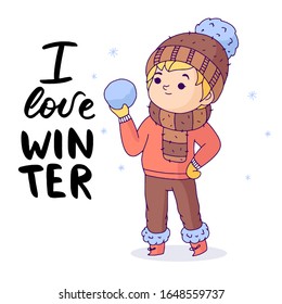 Composición con un chico lindo jugando bolas de nieve al aire libre en invierno. Doodle colorido de alegre niño en vectorial sobre fondo blanco con copos de nieve y letras de la mano de "Me encanta el invierno".