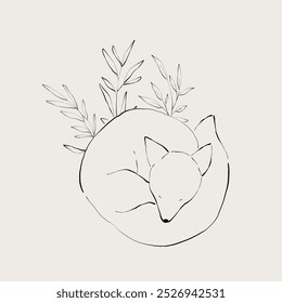 Composition of cute fox and floral line art.Decoration for greeting card, wedding invitation, save the date.