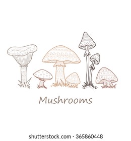 Composition with cute hand drawn abstract mushrooms. Vector ornamental mushrooms collection