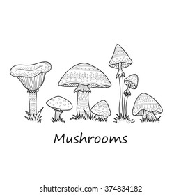 Composition with cute hand drawn abstract mushrooms. Vector ornamental mushrooms collection
