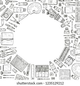 Composition with cute hand drawn art tools including pencils; pens; watercolor; eraser; pastel; brush; and others. Vector hand drawn art collection