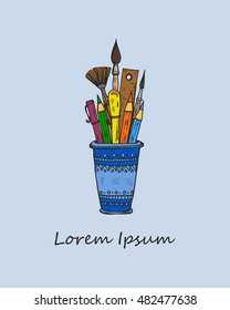 Composition with  cute hand drawn art tools including pencils; pens; brushes and others. Vector hand drawn art collection