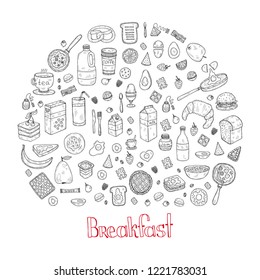 Composition with cute hand drawn breakfast icons. Doodle vector collection. Good morning food illustration