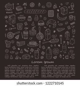 Composition with cute hand drawn breakfast icons. Doodle vector collection. Good morning food illustration