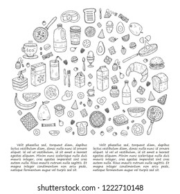 Composition with cute hand drawn breakfast icons. Doodle vector collection. Good morning food illustration