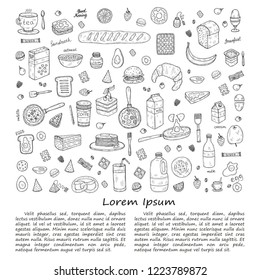 Composition with cute hand drawn breakfast icons. Doodle vector collection. Good morning food illustration