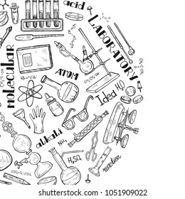 Composition with cute hand drawn chemistry elements. Vector science cartoon collection