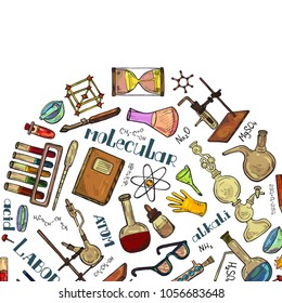 Composition with cute hand drawn chemistry elements. Vector science cartoon collection