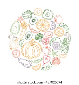 Composition with cute hand drawn fruits and vegetables
