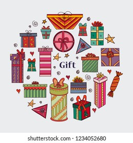 Composition with cute hand drawn gift boxes. Doodle bright vector 