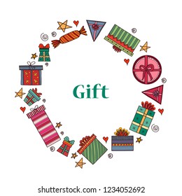 Composition with cute hand drawn gift boxes. Doodle bright vector 