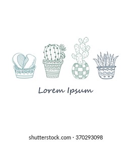 Composition with cute hand drawn house plants in ornamental pots. Doodle style. Vector