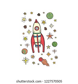 Composition with cute hand drawn space objects: stars, rocket, planets. Hand-drawn vector collection