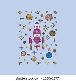 Composition with cute hand drawn space objects: stars, rockets, planets, etc. Hand-drawn vector collection