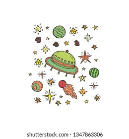 Composition with cute hand drawn space objects: stars, rockets, planets, etc. Hand-drawn vector collection