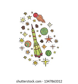 Composition with cute hand drawn space objects: stars, rockets, planets, etc. Hand-drawn vector collection