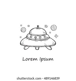 Composition with cute  hand drawn space objects: stars and rocket. Hand-drawn vector collection