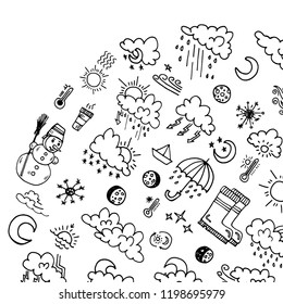 Composition with cute hand drawn weather icons. Doodle vector collection