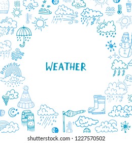 Composition with cute hand drawn weather icons. Doodle vector collection