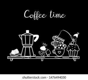 Composition with cute little people characters carrying coffee beans, working, climbing. Coffee time elements (cupcake, mugs, pot) on a shelve. Vector illustration in line style for windows, print
