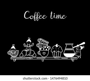 Composition with cute little people characters carrying coffee beans, working, climbing. Coffee time elements (cakes, cups, mugs) on a shelve. Vector illustration in line style for windows, print