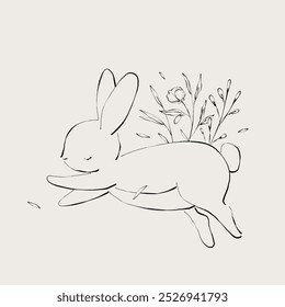 Composition of cute rabbit and floral line art.Decoration for greeting card, wedding invitation, save the date.