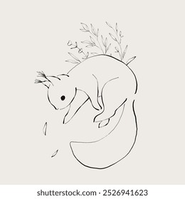 Composition of cute squirrel and floral line art.Decoration for greeting card, wedding invitation, save the date.