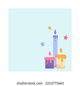 Composición con velas perfumadas con luz suave. Tarjeta navideña de velas coloridas en estilo doodle plano. Ilustración vectorial de elementos decorativos domésticos sobre fondo azul.